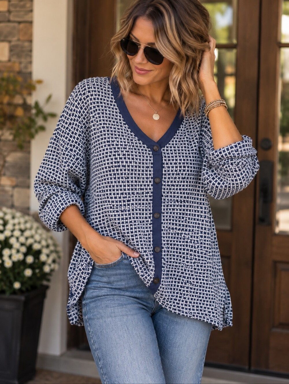 Umgee Size L Blue White Textured Knit Oversized Button Front Boho Cardigan